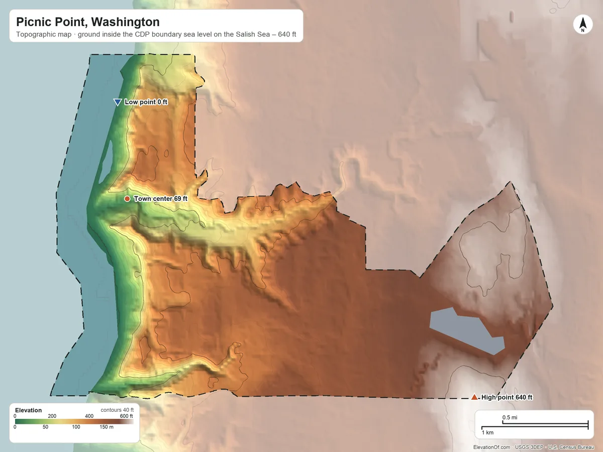Topographic elevation map of Picnic Point, Washington, shaded from sea level level on the Salish Sea to 640 ft on the southeast side