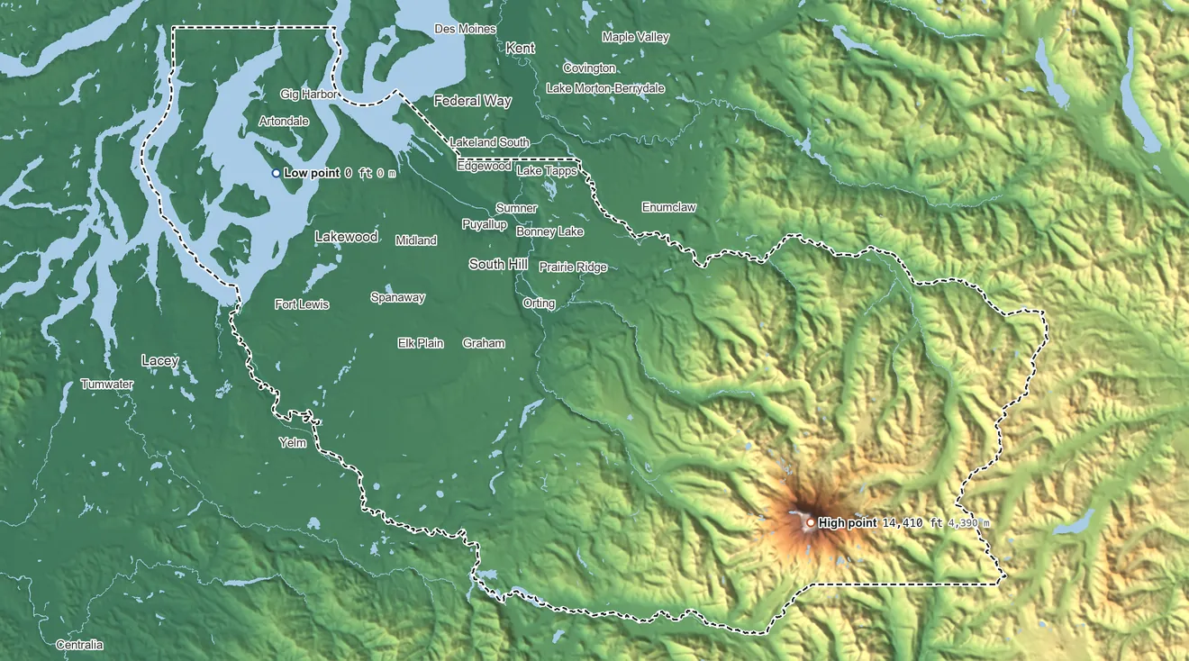Topographic elevation map of Pierce County, Washington, shaded from sea level on the Salish Sea to 14,410 ft on Mount Rainier