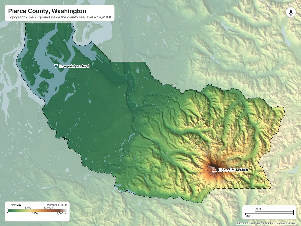 Topographic elevation map of Pierce County, Washington, shaded from sea level on the Salish Sea to 14,410 ft on Mount Rainier