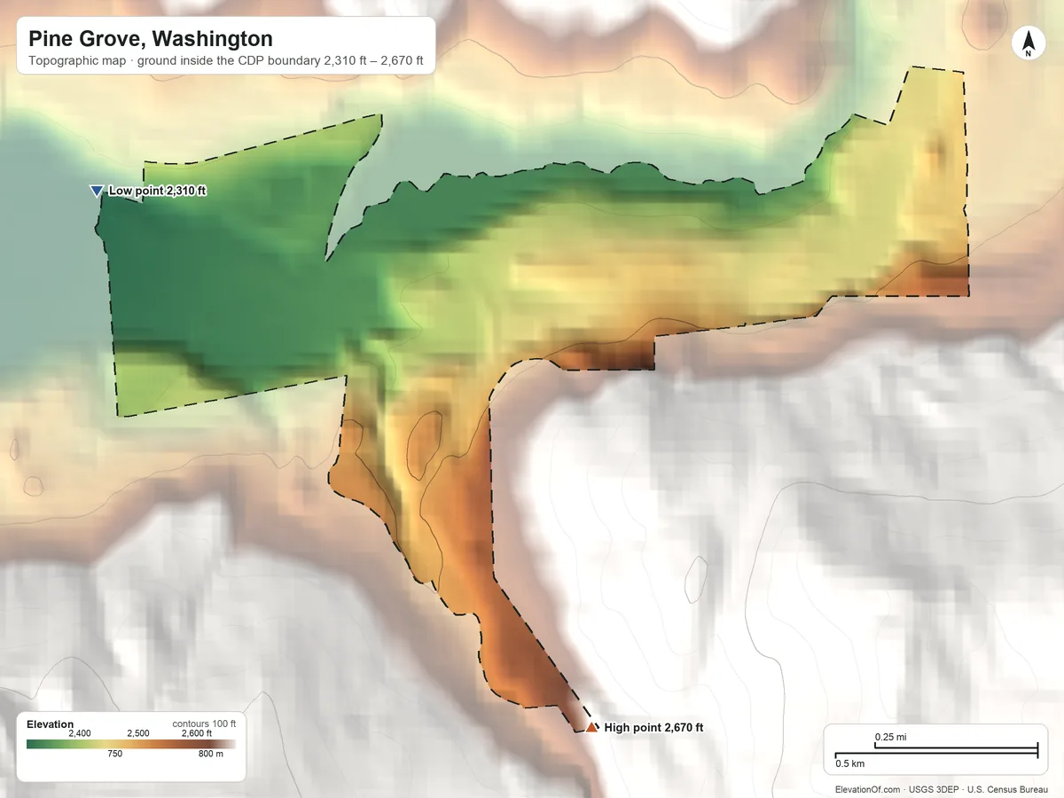 Topographic elevation map of Pine Grove, Washington, shaded from 2,310 ft on the west side to 2,670 ft on the south edge, below higher ground just outside