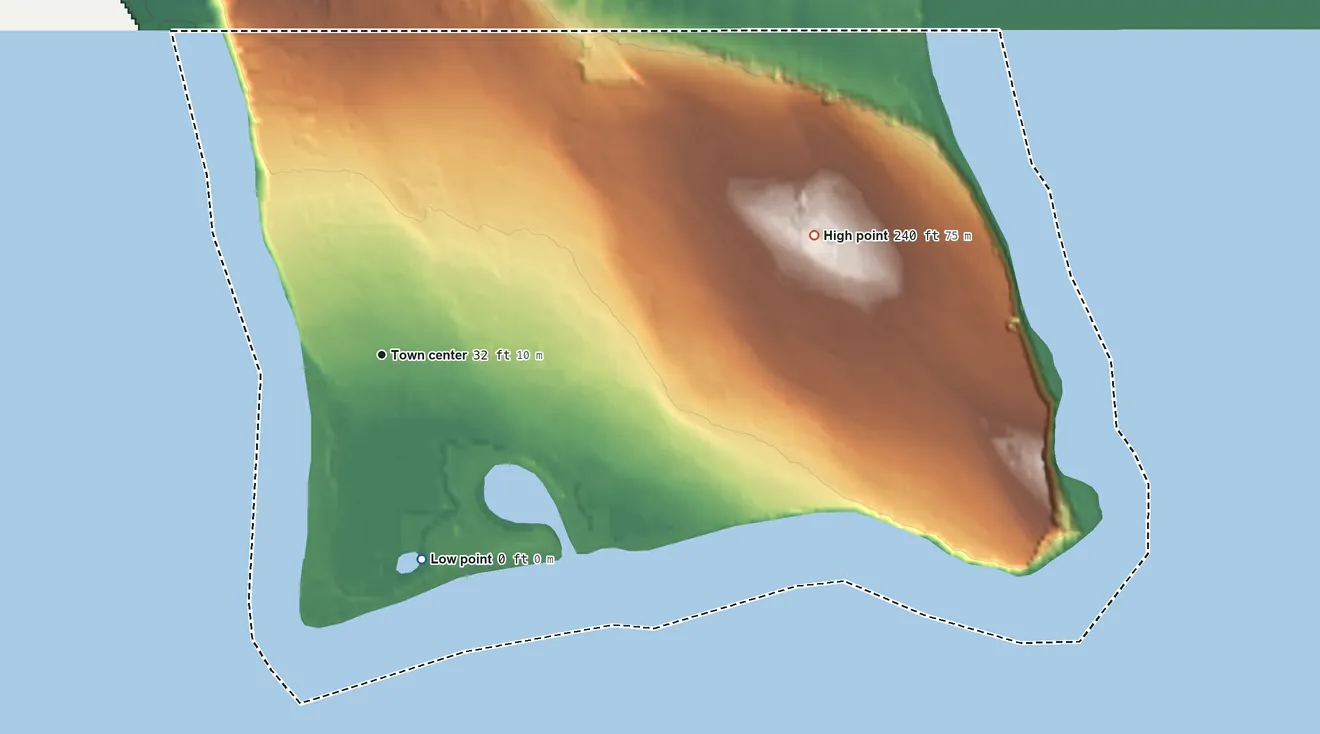 Topographic elevation map of Point Roberts, Washington, shaded from sea level level on the Salish Sea to 240 ft on the east side
