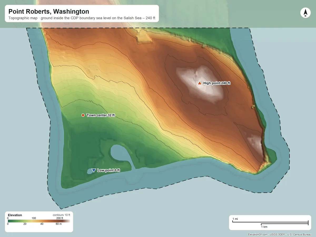 Topographic elevation map of Point Roberts, Washington, shaded from sea level level on the Salish Sea to 240 ft on the east side