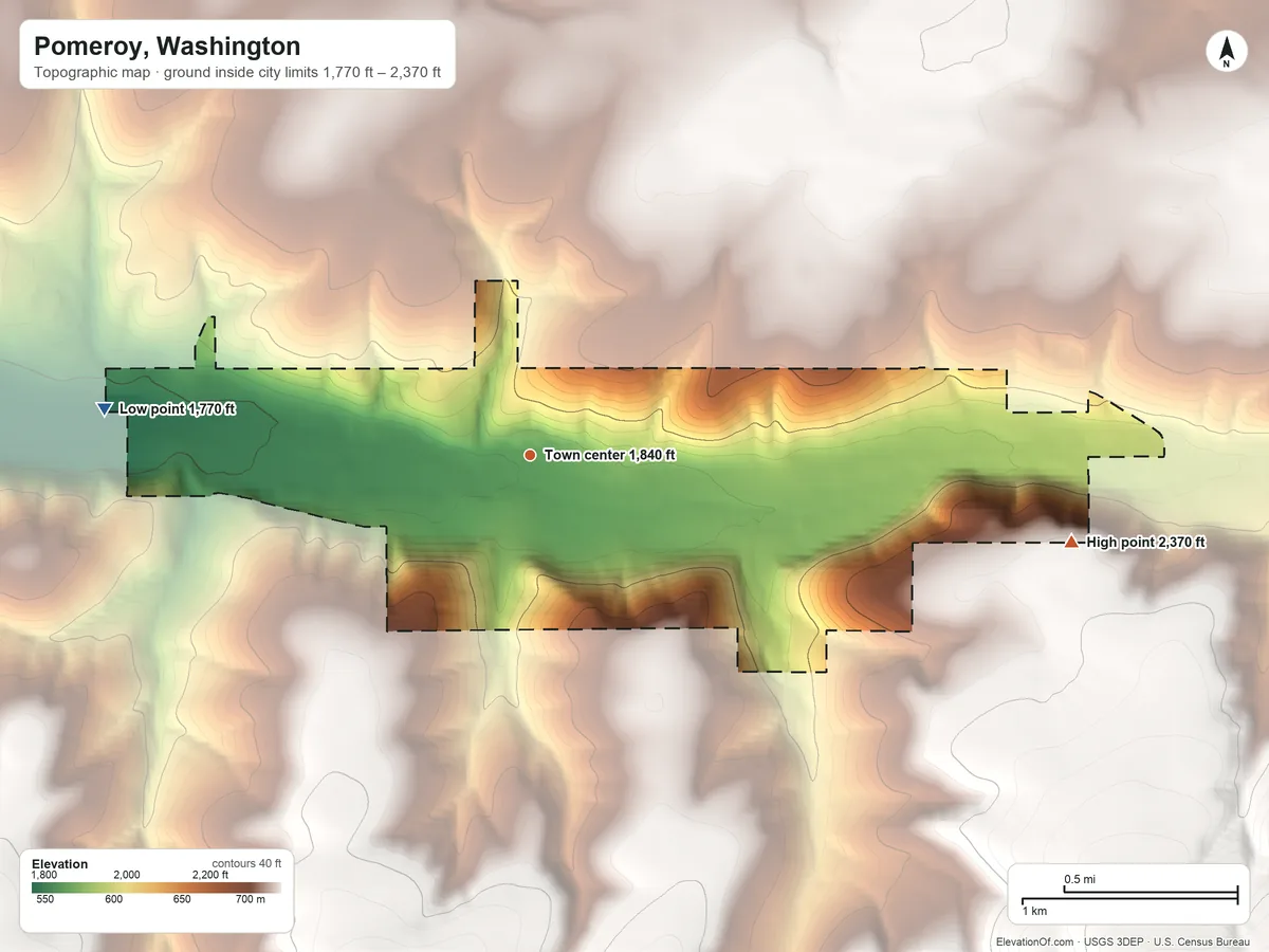 Topographic elevation map of Pomeroy, Washington, shaded from 1,770 ft on the west side to 2,370 ft on the east edge, below higher ground just outside