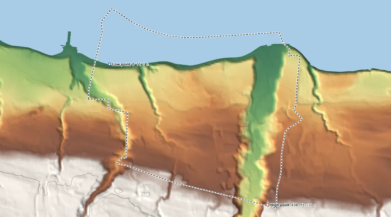 Topographic elevation map of Port Angeles East, Washington, shaded from sea level level on Port Angeles Harbor to 430 ft at the foot of the The Foothills