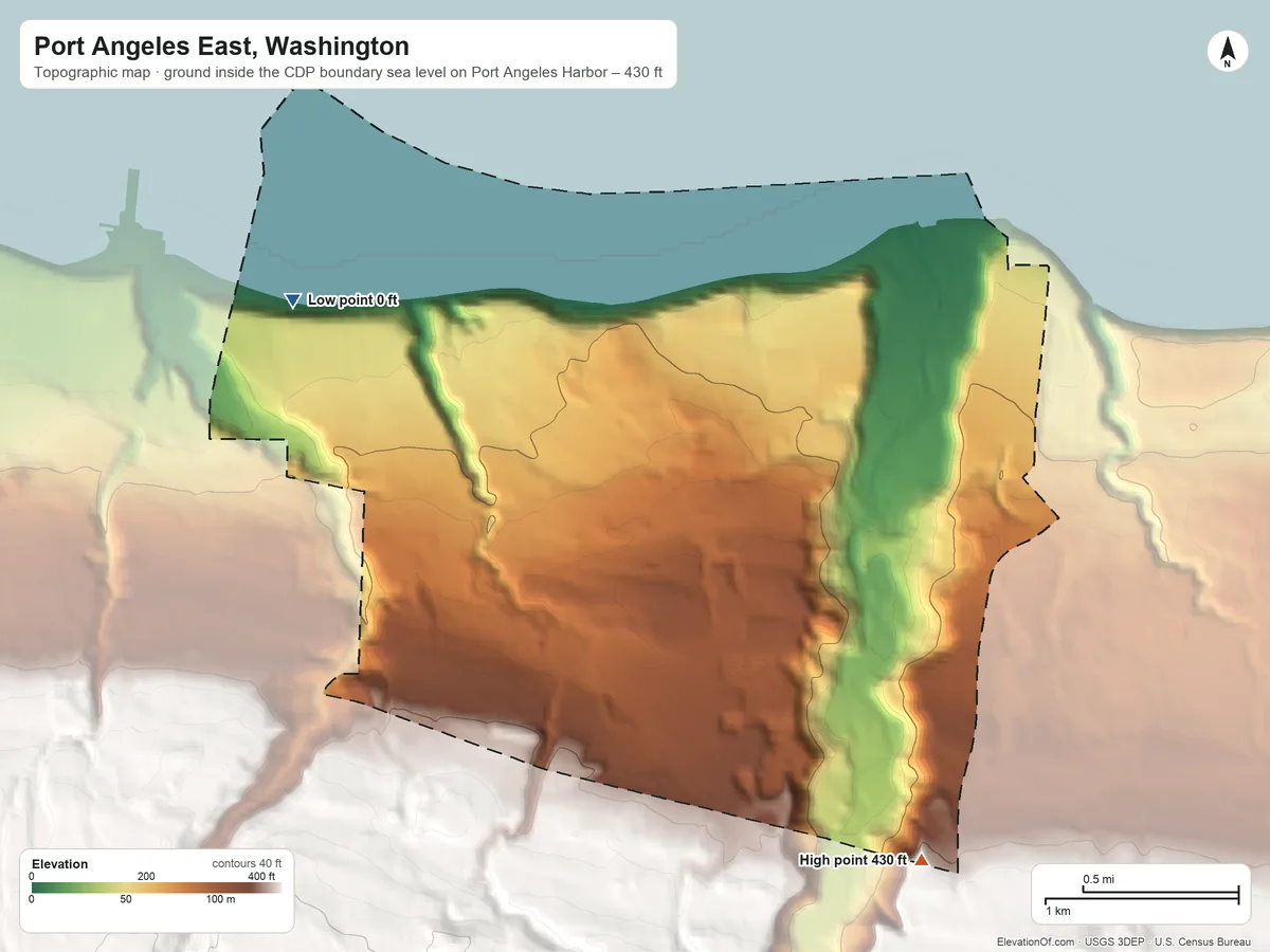 Topographic elevation map of Port Angeles East, Washington, shaded from sea level level on Port Angeles Harbor to 430 ft at the foot of the The Foothills