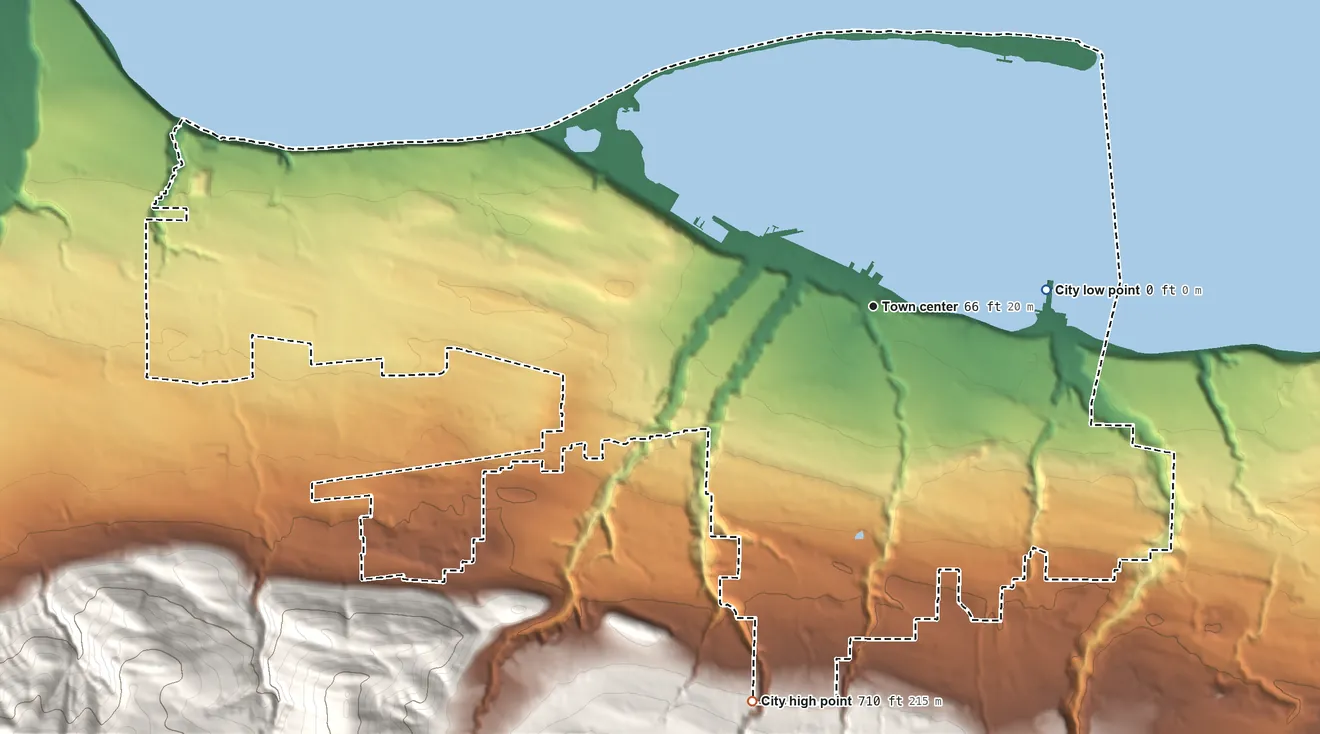 Topographic elevation map of Port Angeles, Washington, shaded from sea level level on Port Angeles Harbor to 710 ft at the foot of the The Foothills