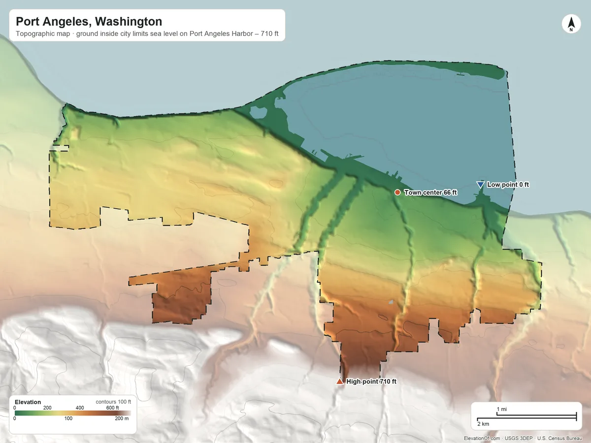 Topographic elevation map of Port Angeles, Washington, shaded from sea level level on Port Angeles Harbor to 710 ft at the foot of the The Foothills