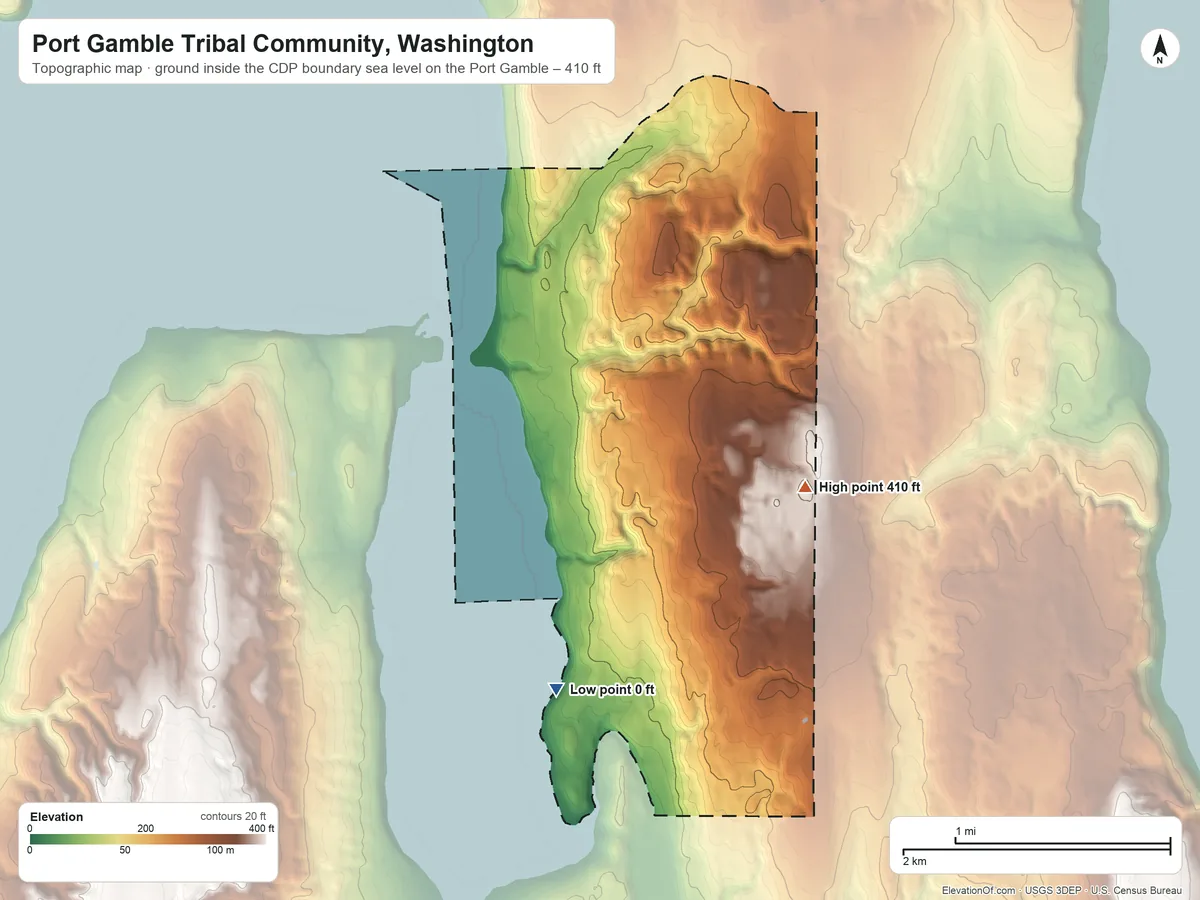Topographic elevation map of Port Gamble Tribal Community, Washington, shaded from sea level level on the Port Gamble to 410 ft on the east side