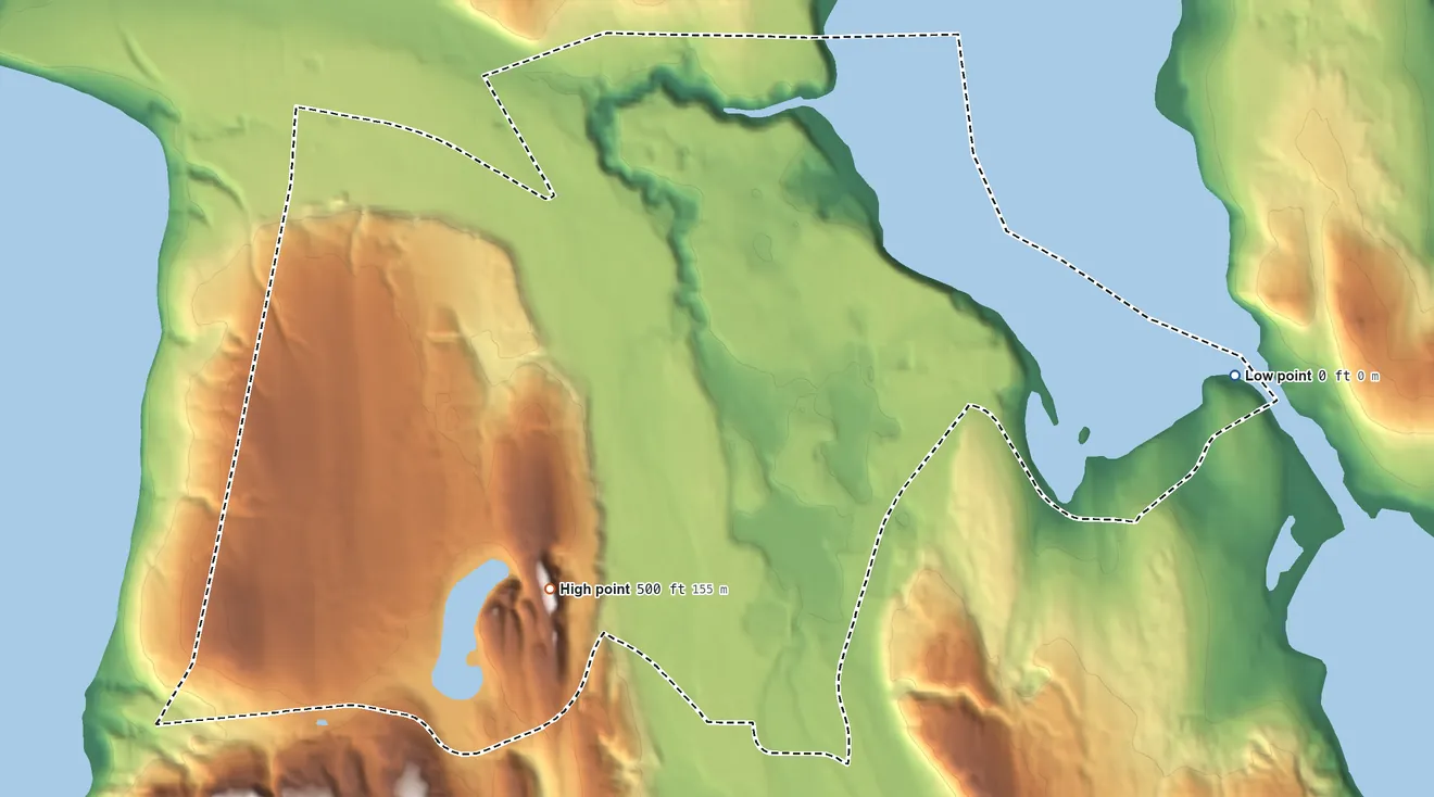 Topographic elevation map of Port Hadlock-Irondale, Washington, shaded from sea level level on the Salish Sea to 500 ft on the southwest side
