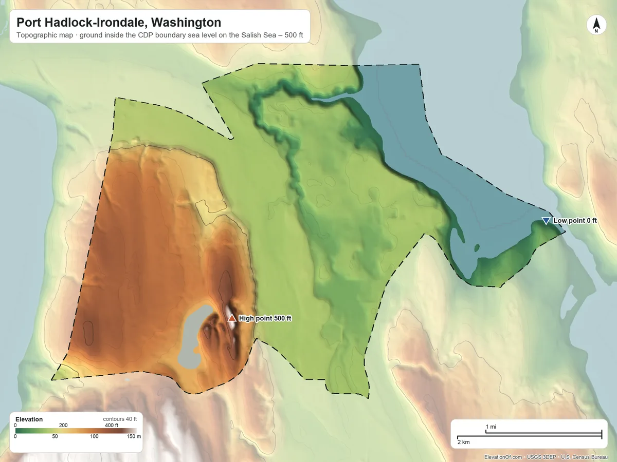 Topographic elevation map of Port Hadlock-Irondale, Washington, shaded from sea level level on the Salish Sea to 500 ft on the southwest side
