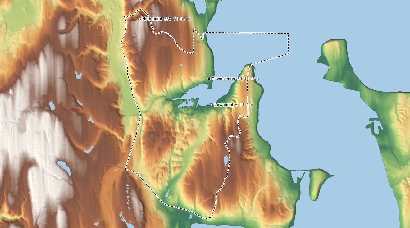 Topographic elevation map of Port Ludlow, Washington, shaded from sea level level on the Salish Sea to 550 ft on the northwest side