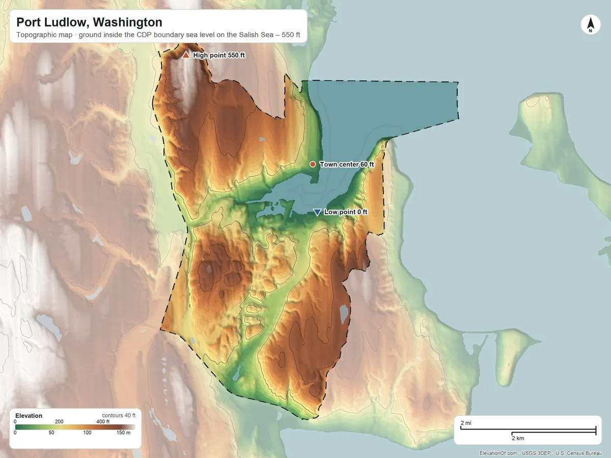 Topographic elevation map of Port Ludlow, Washington, shaded from sea level level on the Salish Sea to 550 ft on the northwest side