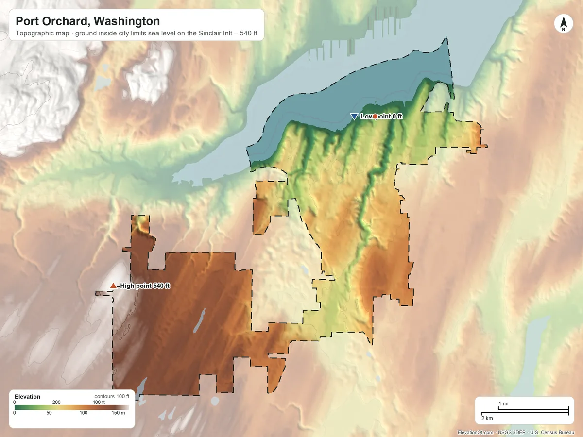Topographic elevation map of Port Orchard, Washington, shaded from sea level level on Sinclair Inlet to 540 ft on the southwest side