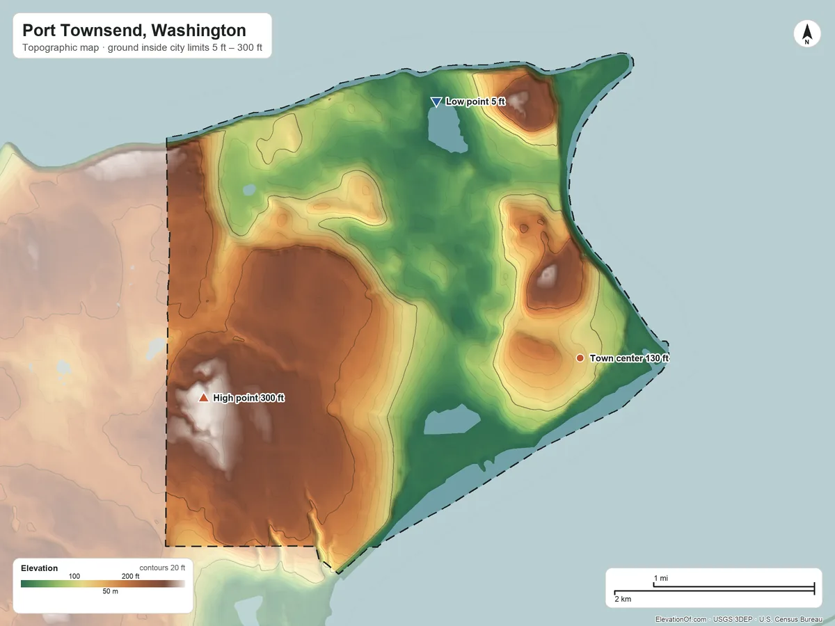 Topographic elevation map of Port Townsend, Washington, shaded from 5 ft on the northwest side to 300 ft on the west side