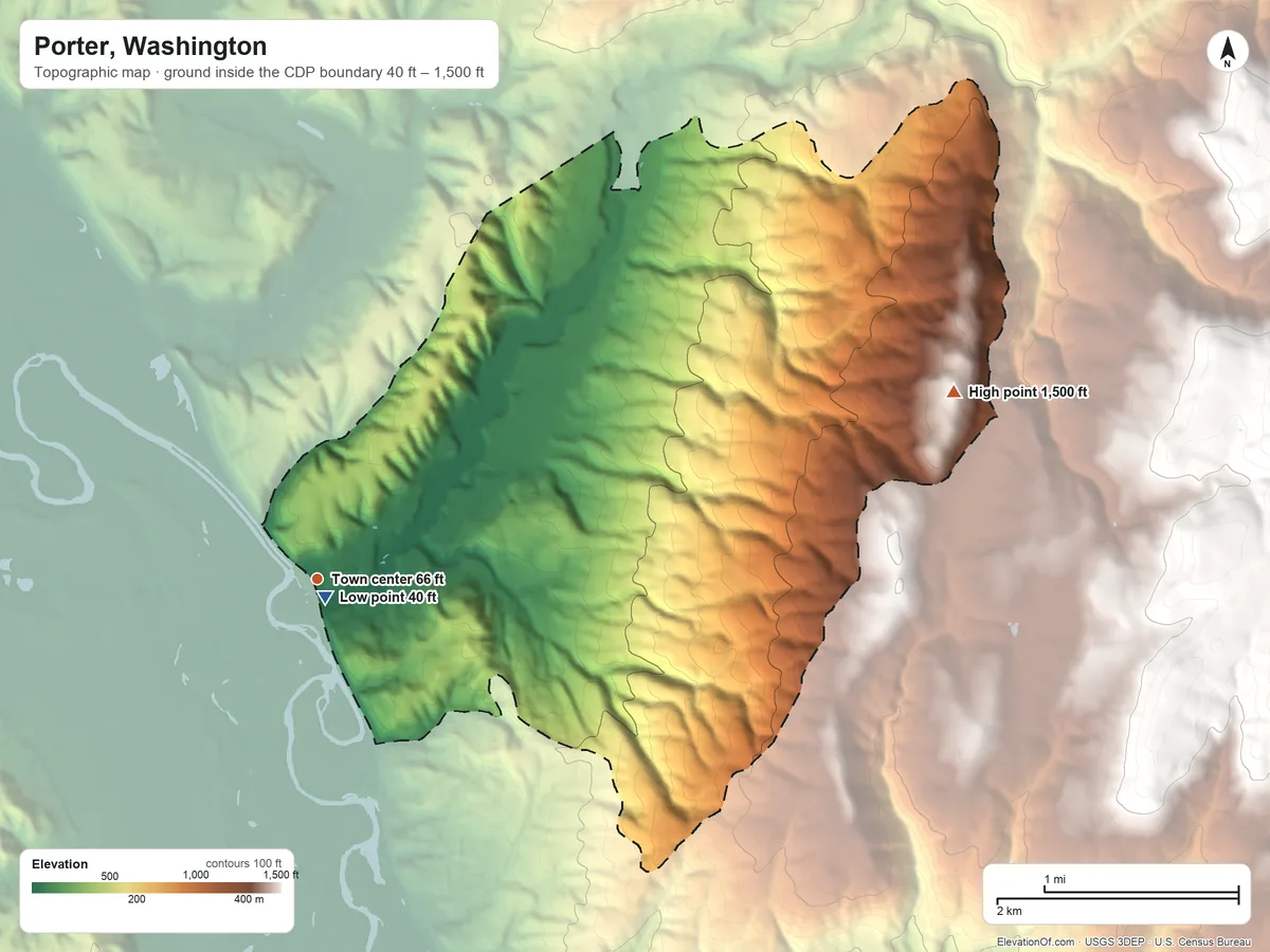 Topographic elevation map of Porter, Washington, shaded from 40 ft near the middle to 1,500 ft at the foot of the Black Hills