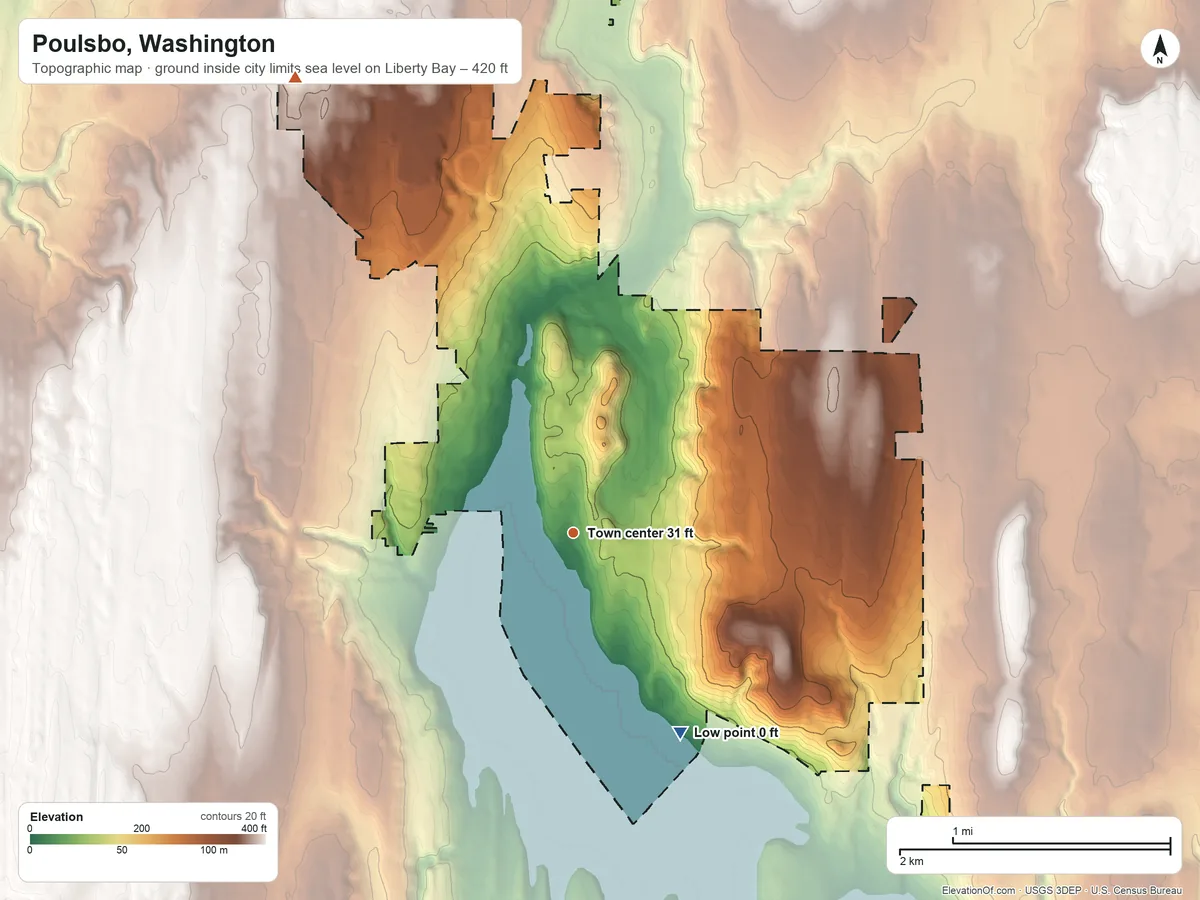 Topographic elevation map of Poulsbo, Washington, shaded from sea level level on Liberty Bay to 420 ft on the northwest side
