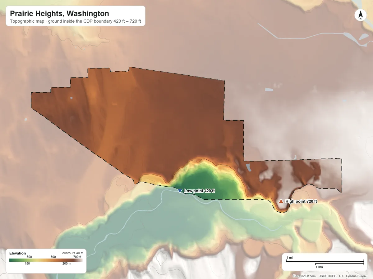 Topographic elevation map of Prairie Heights, Washington, shaded from 420 ft on the south side to 720 ft on the southeast side