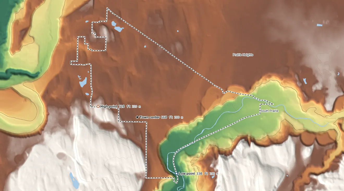 Topographic elevation map of Prairie Ridge, Washington, shaded from 330 ft on the southeast side to 720 ft on the west side