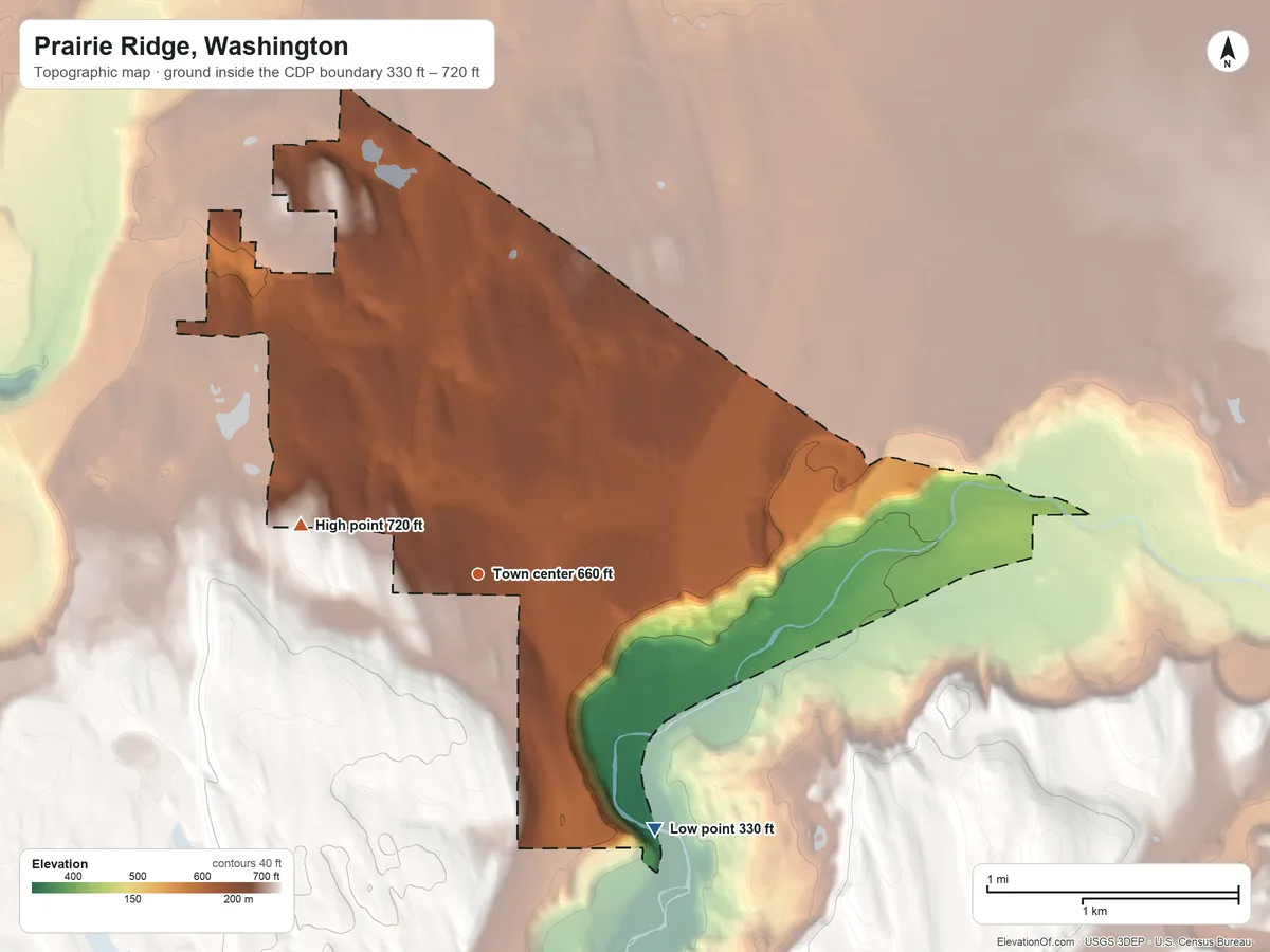 Topographic elevation map of Prairie Ridge, Washington, shaded from 330 ft on the southeast side to 720 ft on the west side