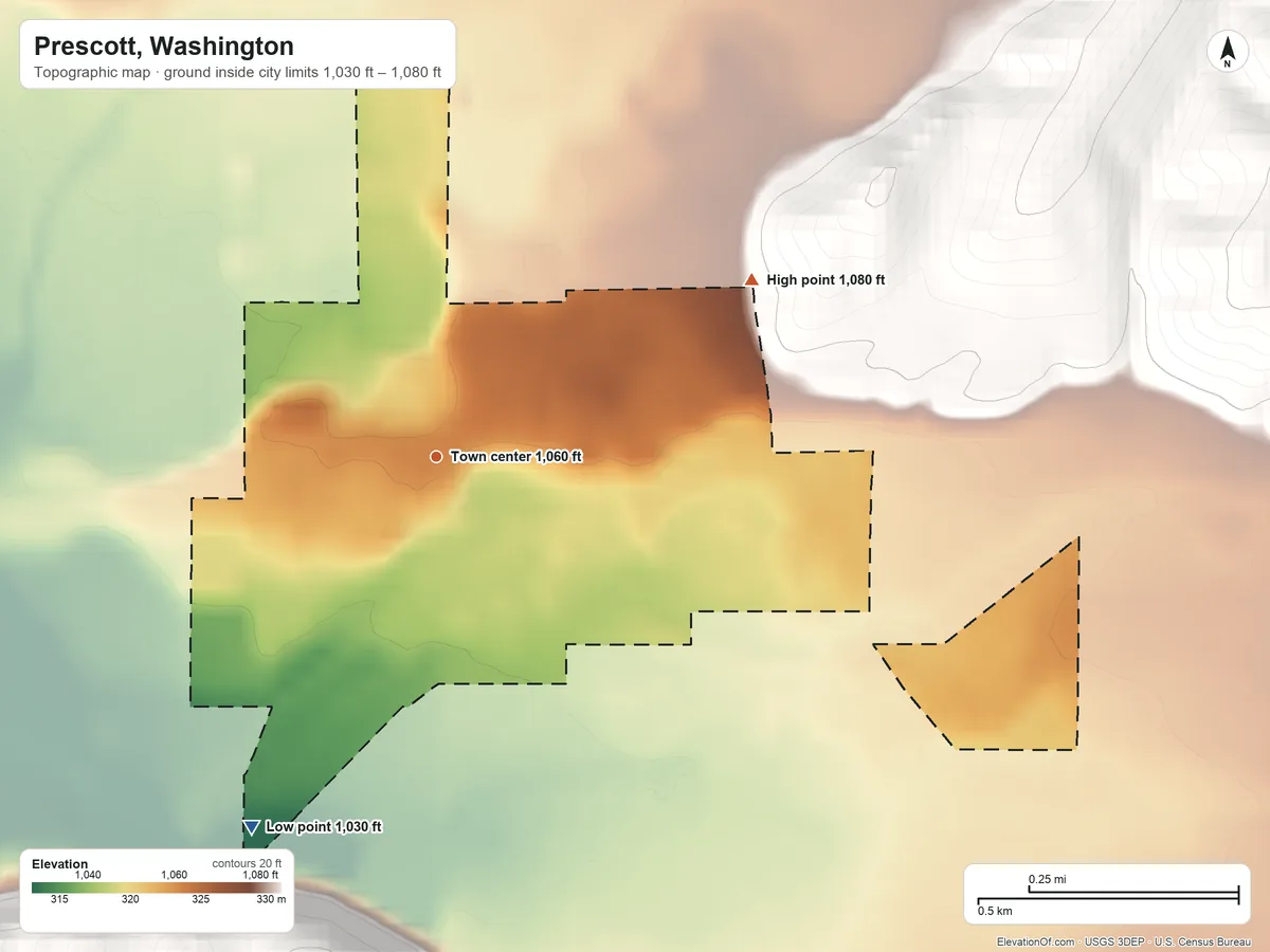 Topographic elevation map of Prescott, Washington, shaded from 1,030 ft on the southwest side to 1,080 ft at the foot of the Skyrocket Hills