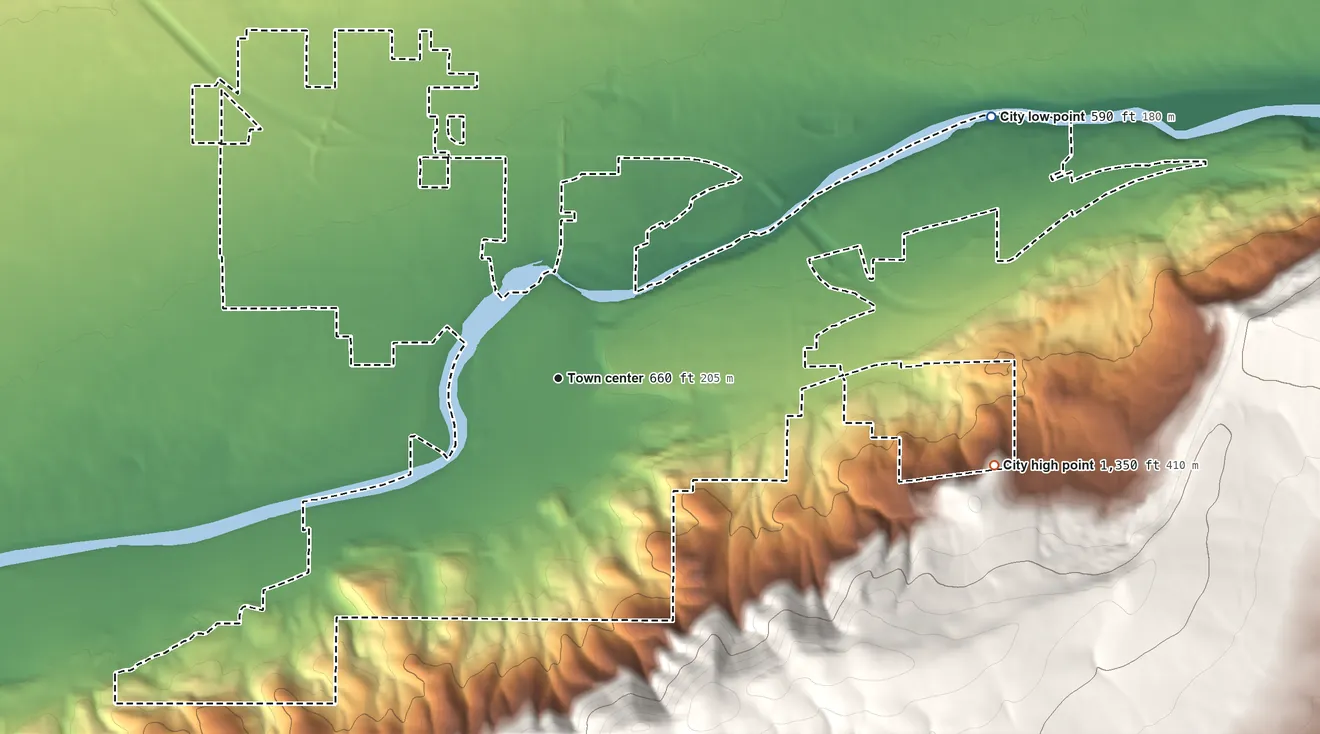 Topographic elevation map of Prosser, Washington, shaded from 590 ft on the northeast side to 1,350 ft on the east edge, below higher ground just outside