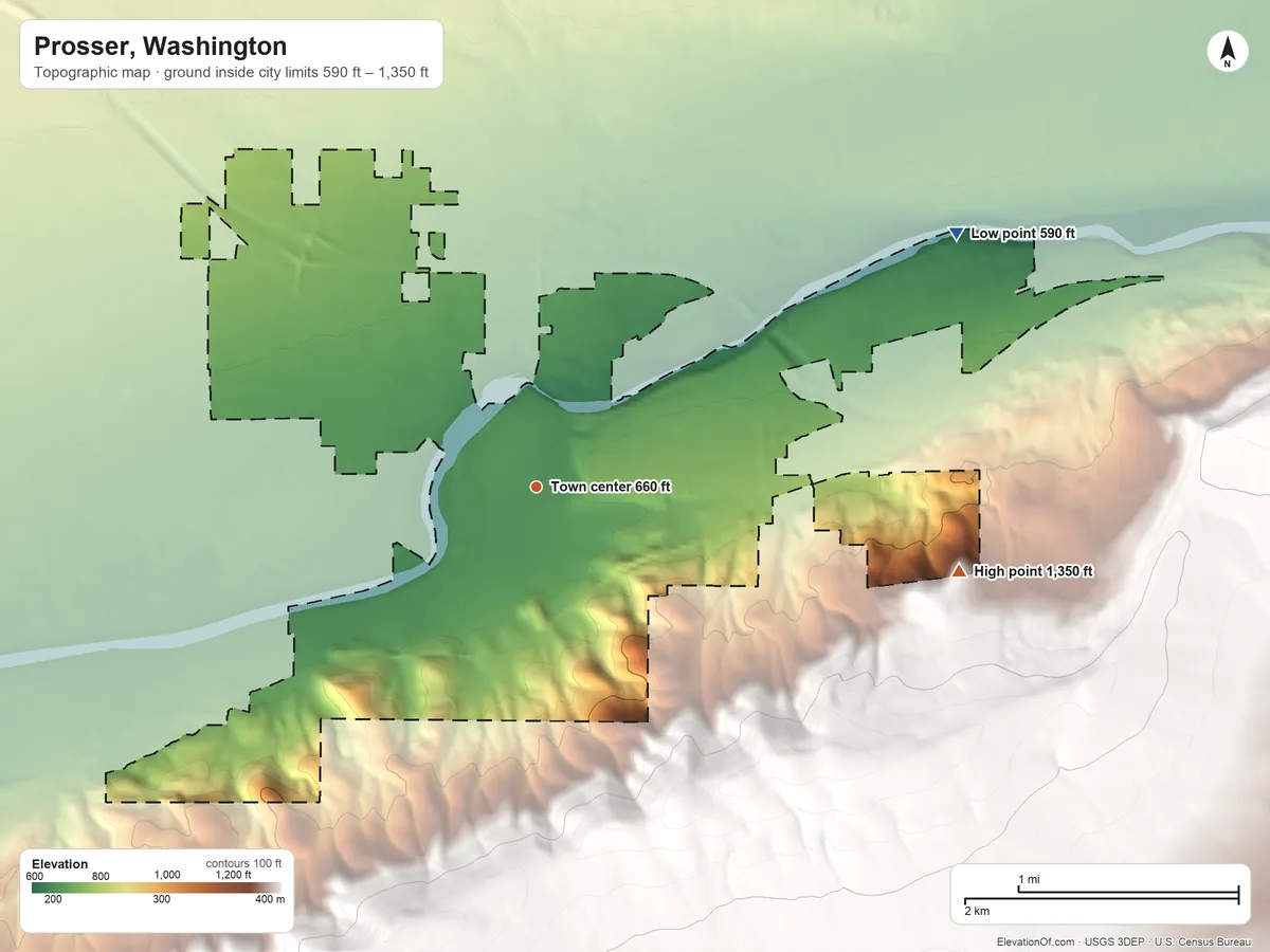 Topographic elevation map of Prosser, Washington, shaded from 590 ft on the northeast side to 1,350 ft on the east edge, below higher ground just outside