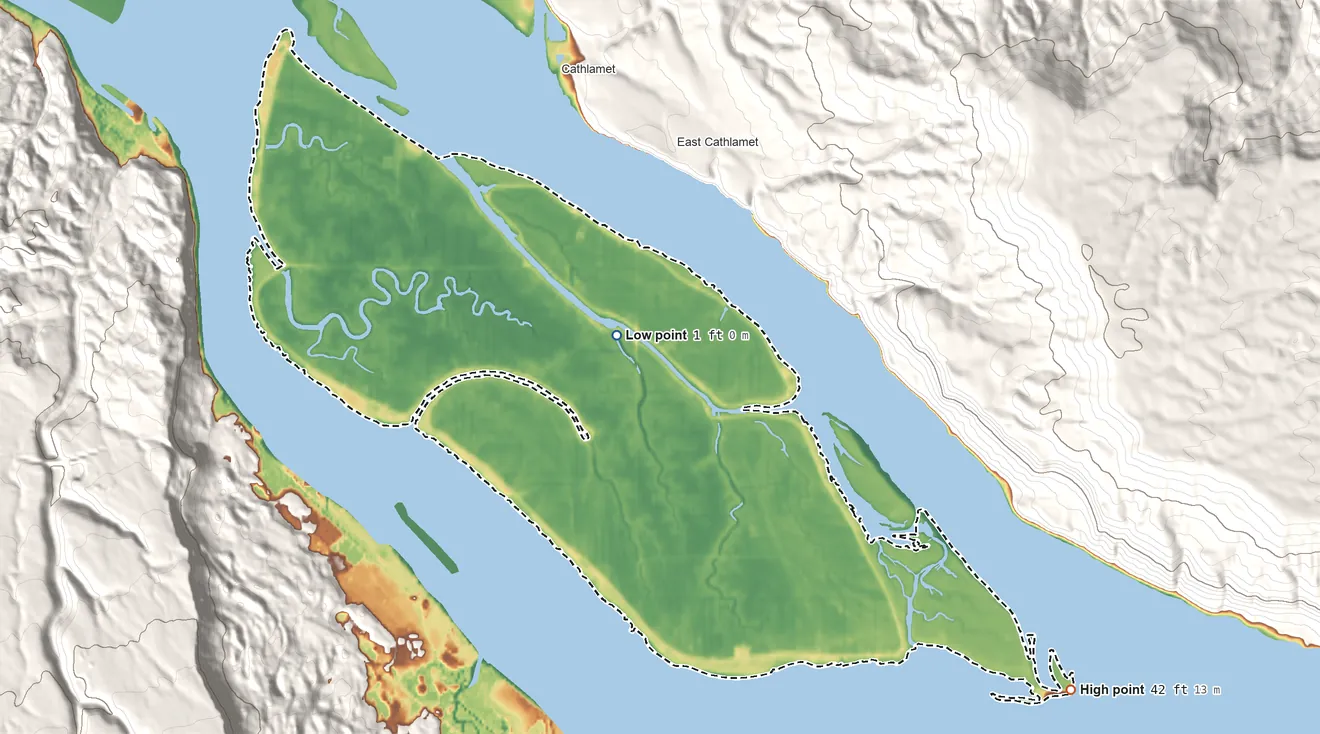 Topographic elevation map of Puget Island, Washington, shaded from 1 ft near the middle to 42 ft on the southeast edge, below higher ground just outside