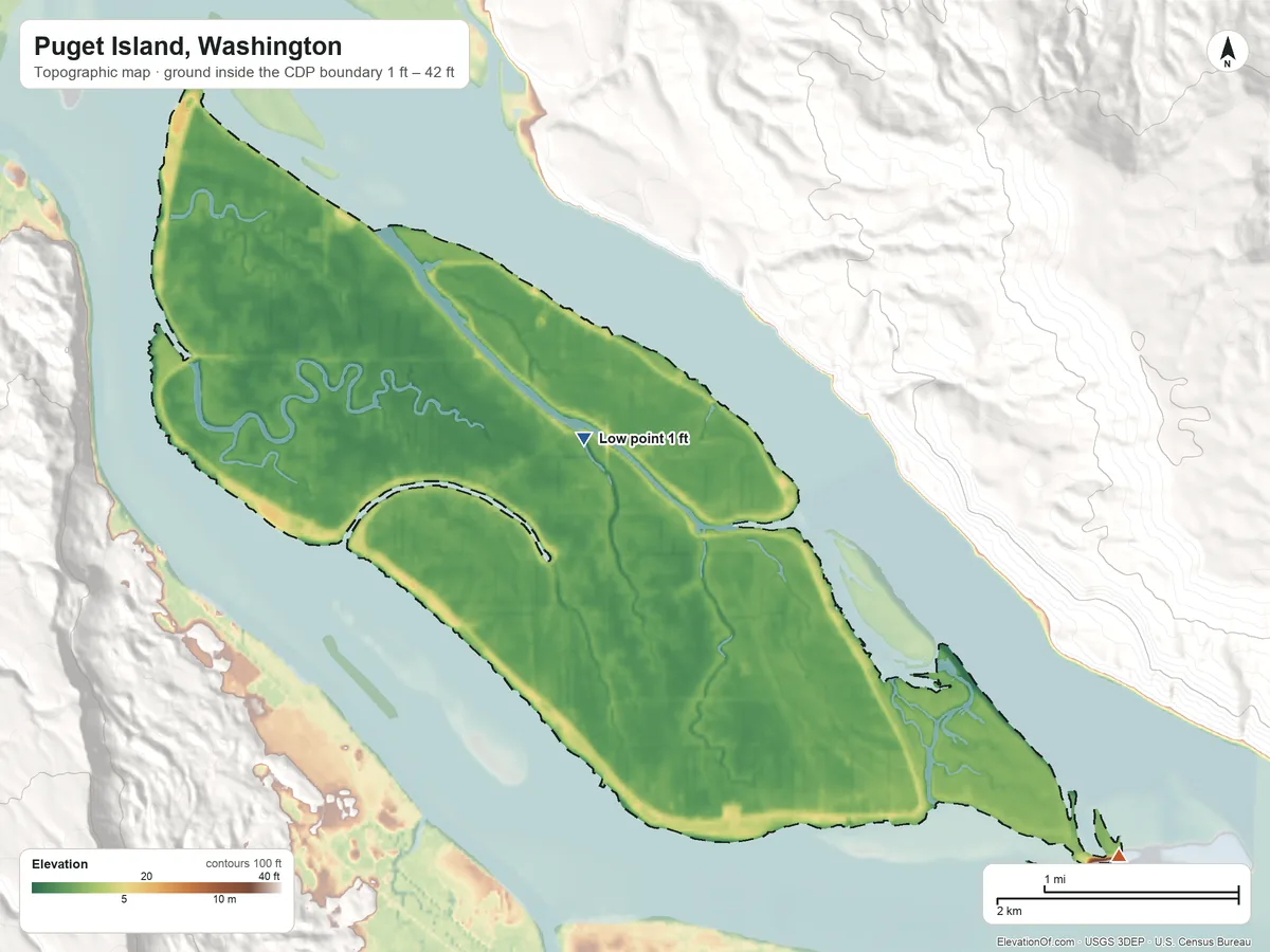 Topographic elevation map of Puget Island, Washington, shaded from 1 ft near the middle to 42 ft on the southeast edge, below higher ground just outside