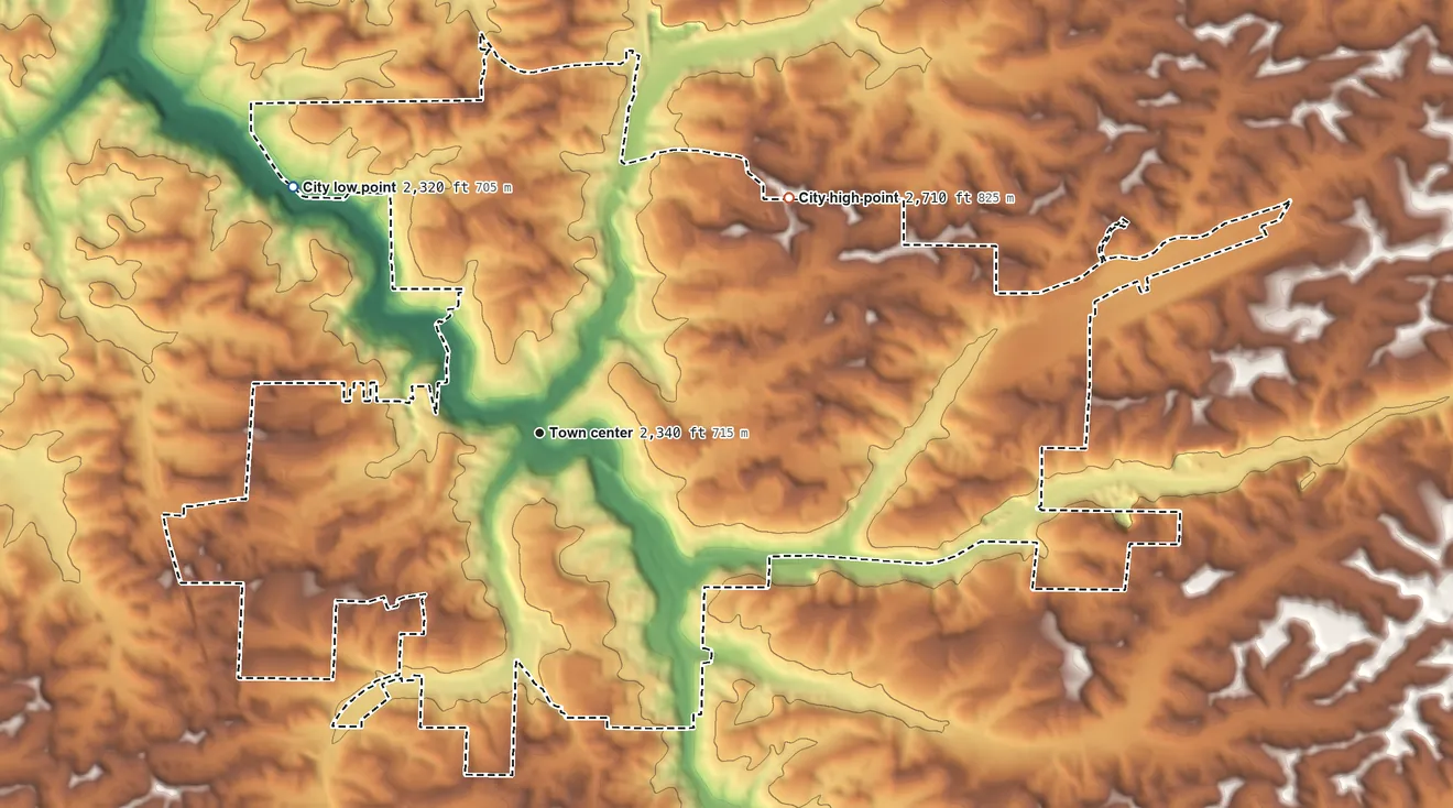 Topographic elevation map of Pullman, Washington, shaded from 2,320 ft on the northwest side to 2,710 ft on the northeast side