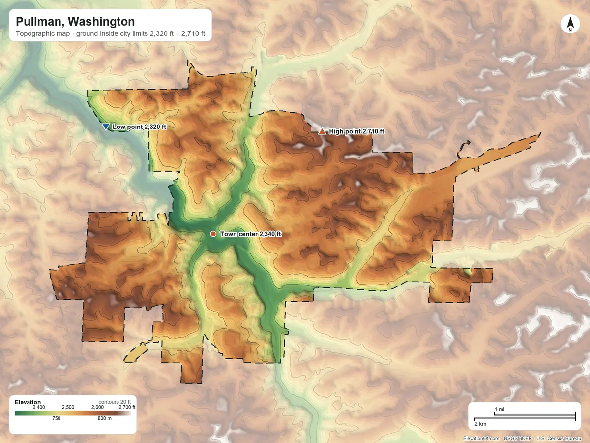 Topographic elevation map of Pullman, Washington, shaded from 2,320 ft on the northwest side to 2,710 ft on the northeast side