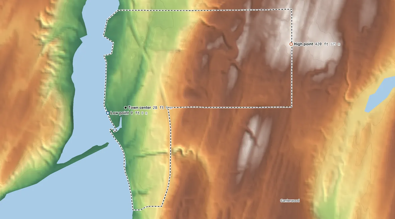 Topographic elevation map of Purdy, Washington, shaded from sea level level on the Salish Sea to 420 ft on the east side