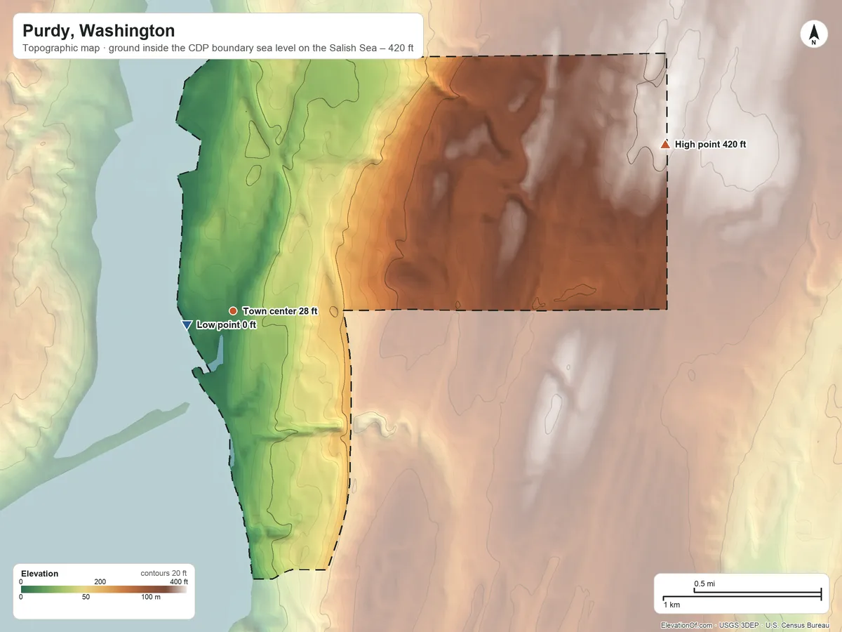 Topographic elevation map of Purdy, Washington, shaded from sea level level on the Salish Sea to 420 ft on the east side