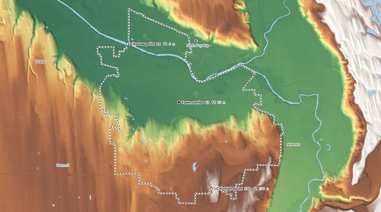 Topographic elevation map of Puyallup, Washington, shaded from 14 ft on the northwest side to 580 ft on the south side