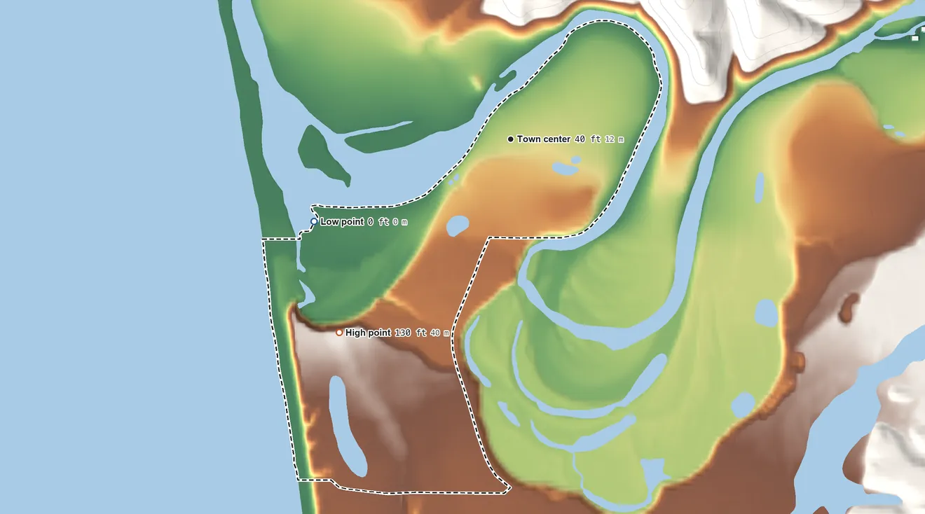 Topographic elevation map of Queets, Washington, shaded from sea level level on the Pacific Ocean to 130 ft on the southwest side