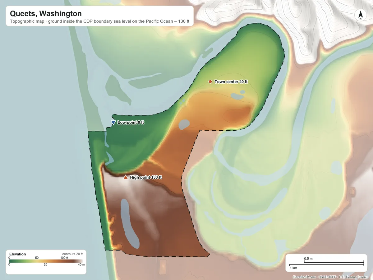 Topographic elevation map of Queets, Washington, shaded from sea level level on the Pacific Ocean to 130 ft on the southwest side
