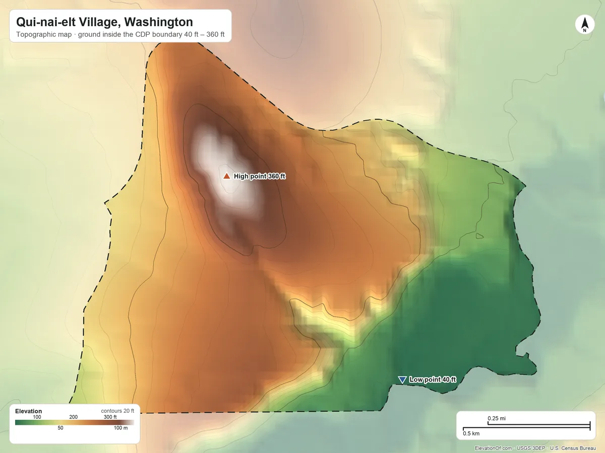 Topographic elevation map of Qui-nai-elt Village, Washington, shaded from 40 ft on the southeast side to 360 ft on the northwest side