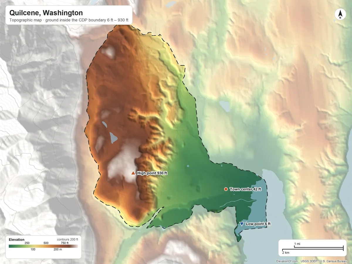 Topographic elevation map of Quilcene, Washington, shaded from 6 ft on the southeast side to 930 ft at the foot of the Quilcene Range