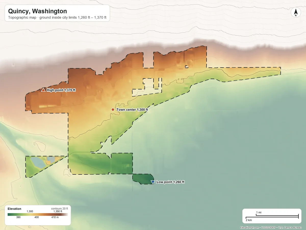 Topographic elevation map of Quincy, Washington, shaded from 1,260 ft on the southeast side to 1,370 ft on the west side