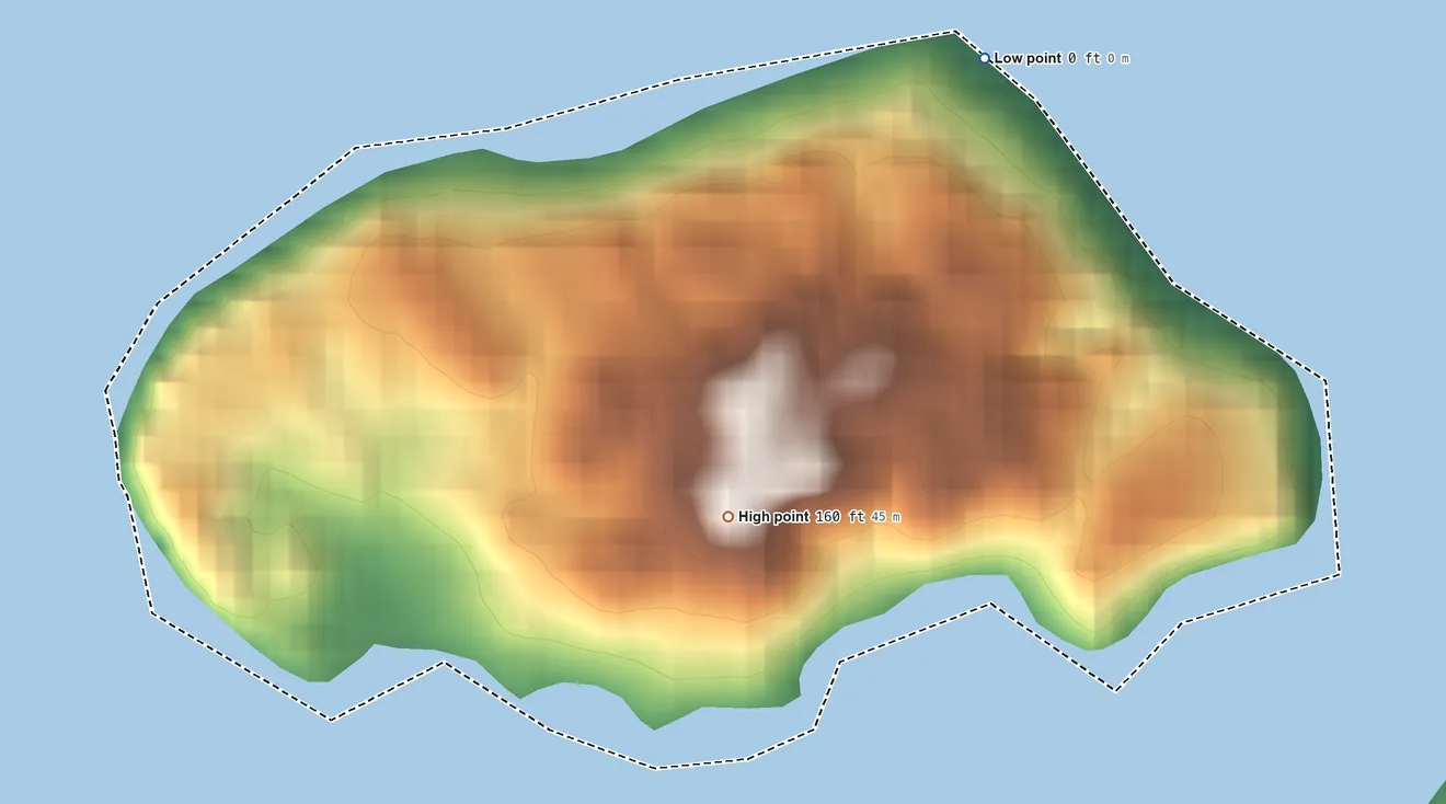 Topographic elevation map of Raft Island, Washington, shaded from sea level level on Henderson Bay to 160 ft on the southwest side