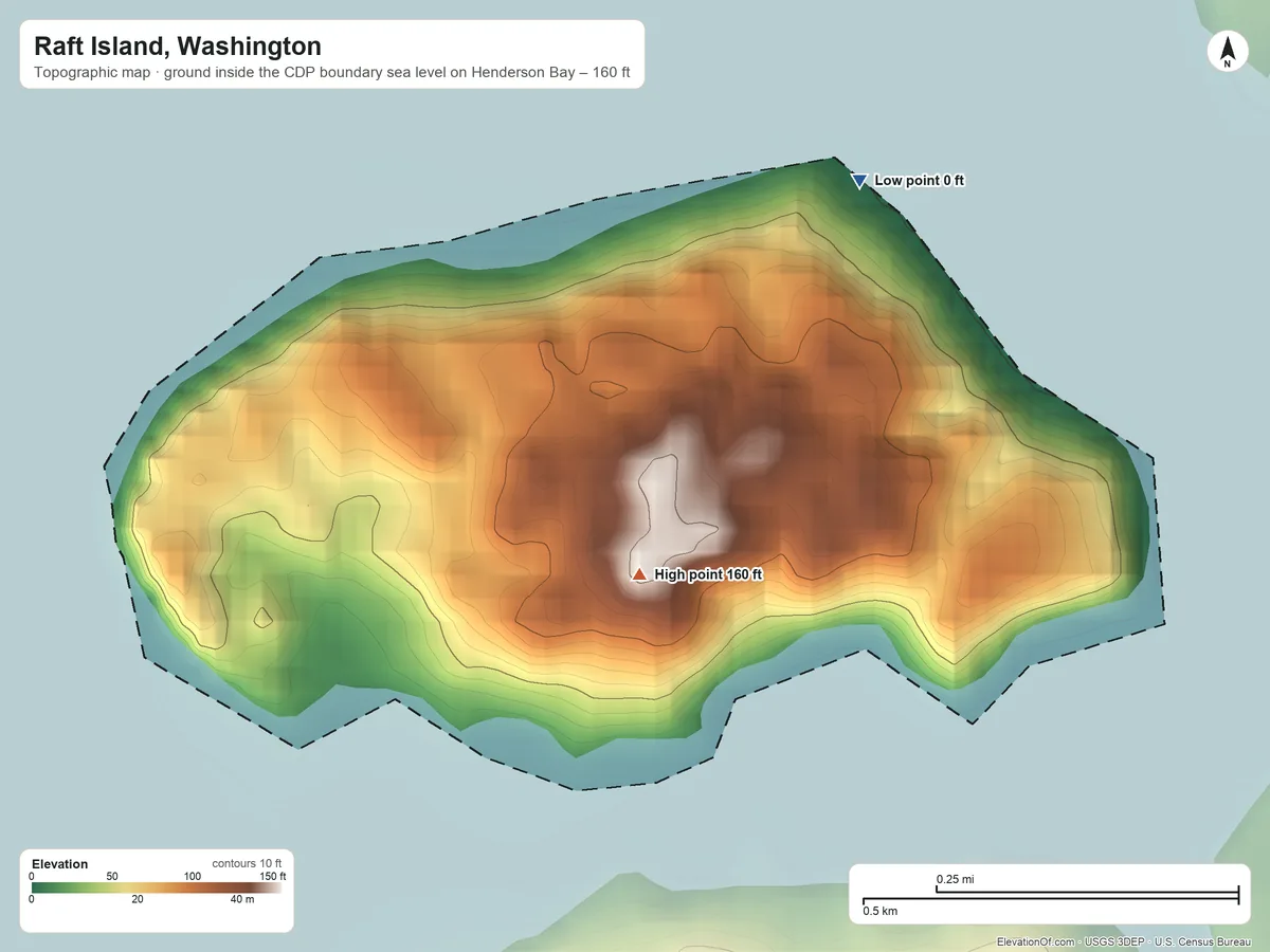 Topographic elevation map of Raft Island, Washington, shaded from sea level level on Henderson Bay to 160 ft on the southwest side