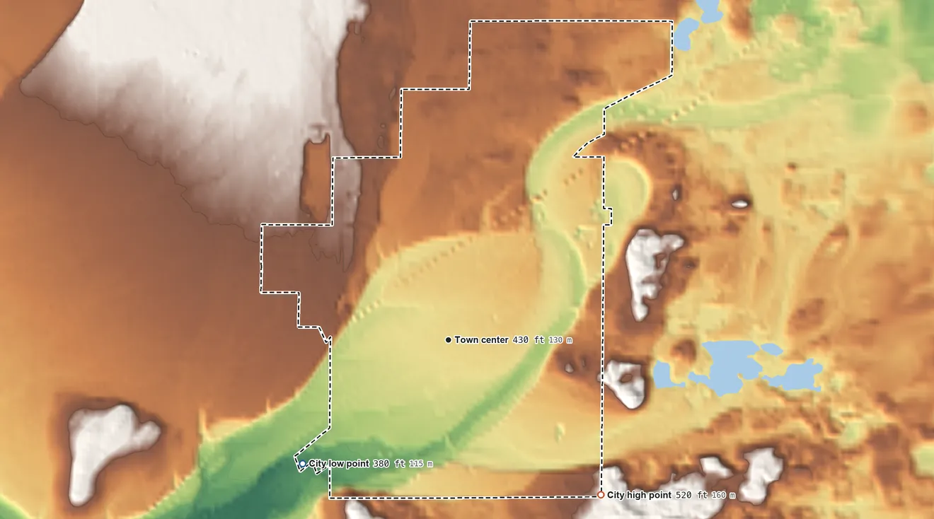 Topographic elevation map of Rainier, Washington, shaded from 380 ft on the southwest side to 520 ft on the southeast side