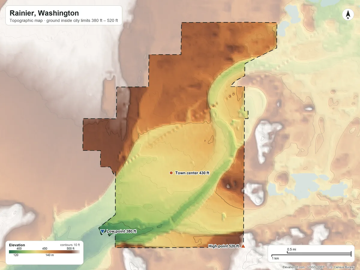 Topographic elevation map of Rainier, Washington, shaded from 380 ft on the southwest side to 520 ft on the southeast side