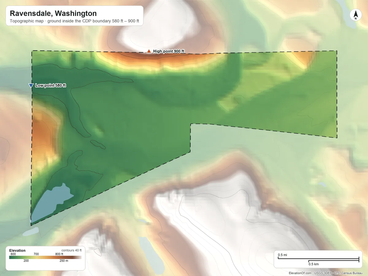 Topographic elevation map of Ravensdale, Washington, shaded from 580 ft on the northwest side to 900 ft on the north side