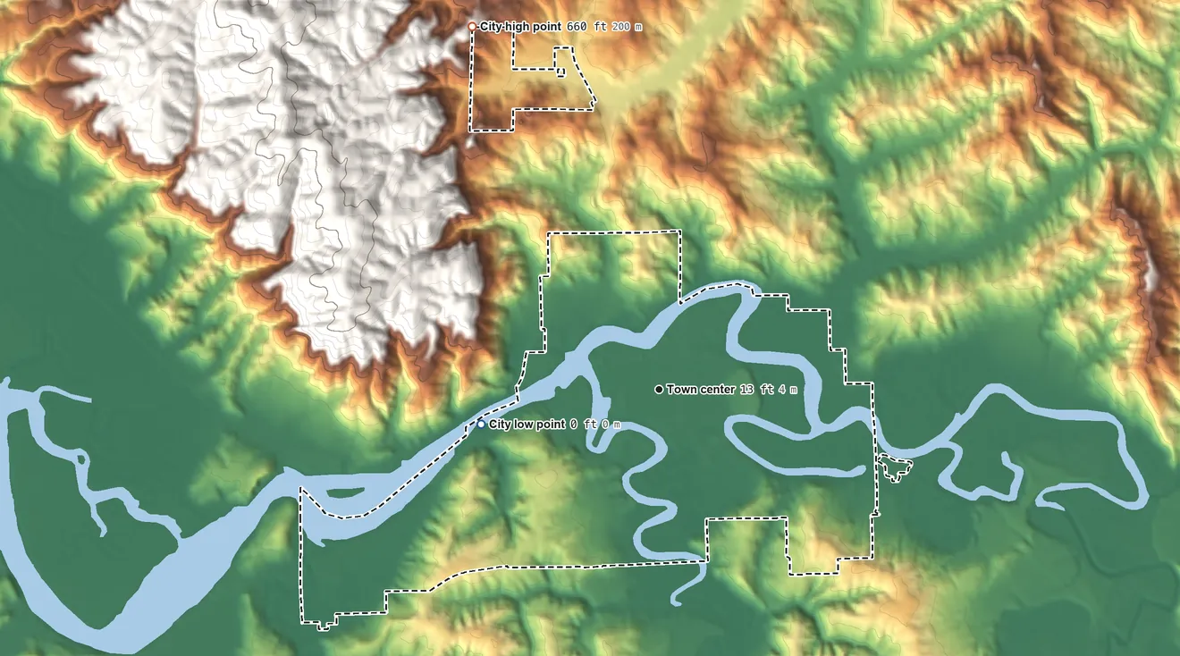 Topographic elevation map of Raymond, Washington, shaded from 0 ft on the west side to 660 ft at the foot of the Willapa Hills