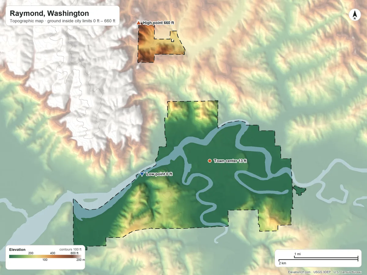 Topographic elevation map of Raymond, Washington, shaded from 0 ft on the west side to 660 ft at the foot of the Willapa Hills