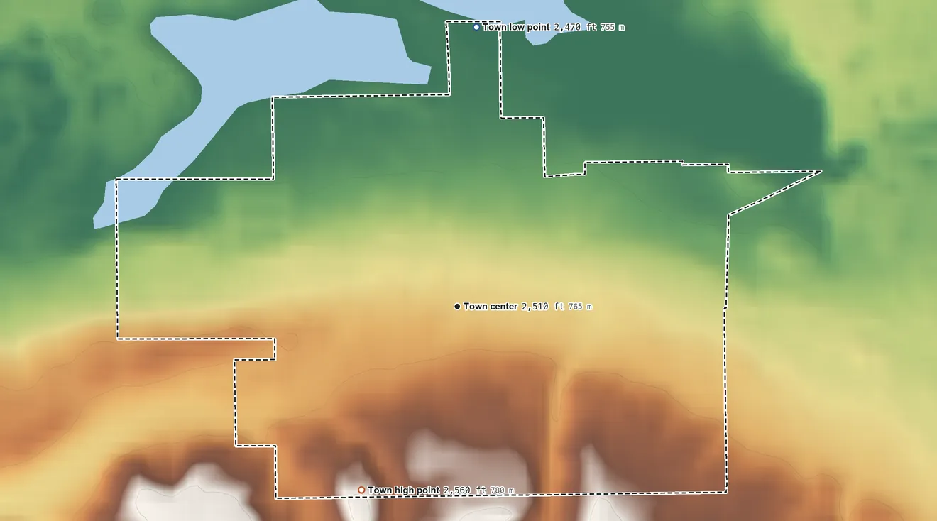 Topographic elevation map of Reardan, Washington, shaded from 2,470 ft on the north side to 2,560 ft on the southwest side