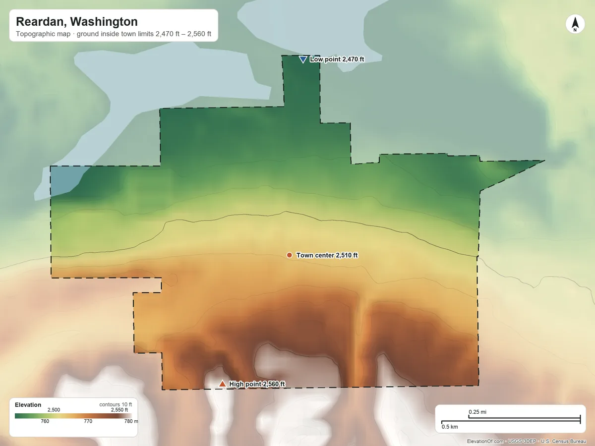 Topographic elevation map of Reardan, Washington, shaded from 2,470 ft on the north side to 2,560 ft on the southwest side