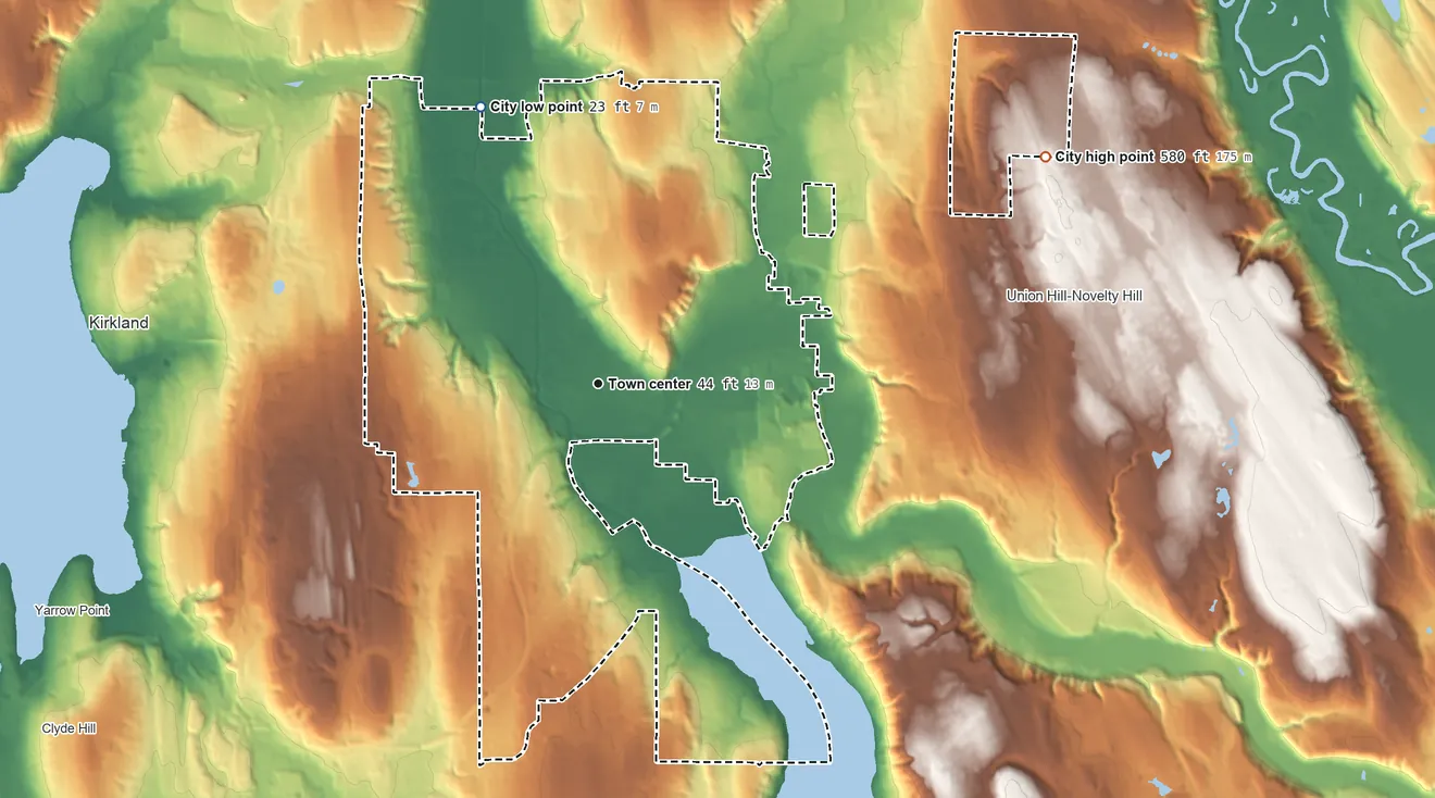 Topographic elevation map of Redmond, Washington, shaded from 23 ft on the northwest side to 580 ft on the northeast side
