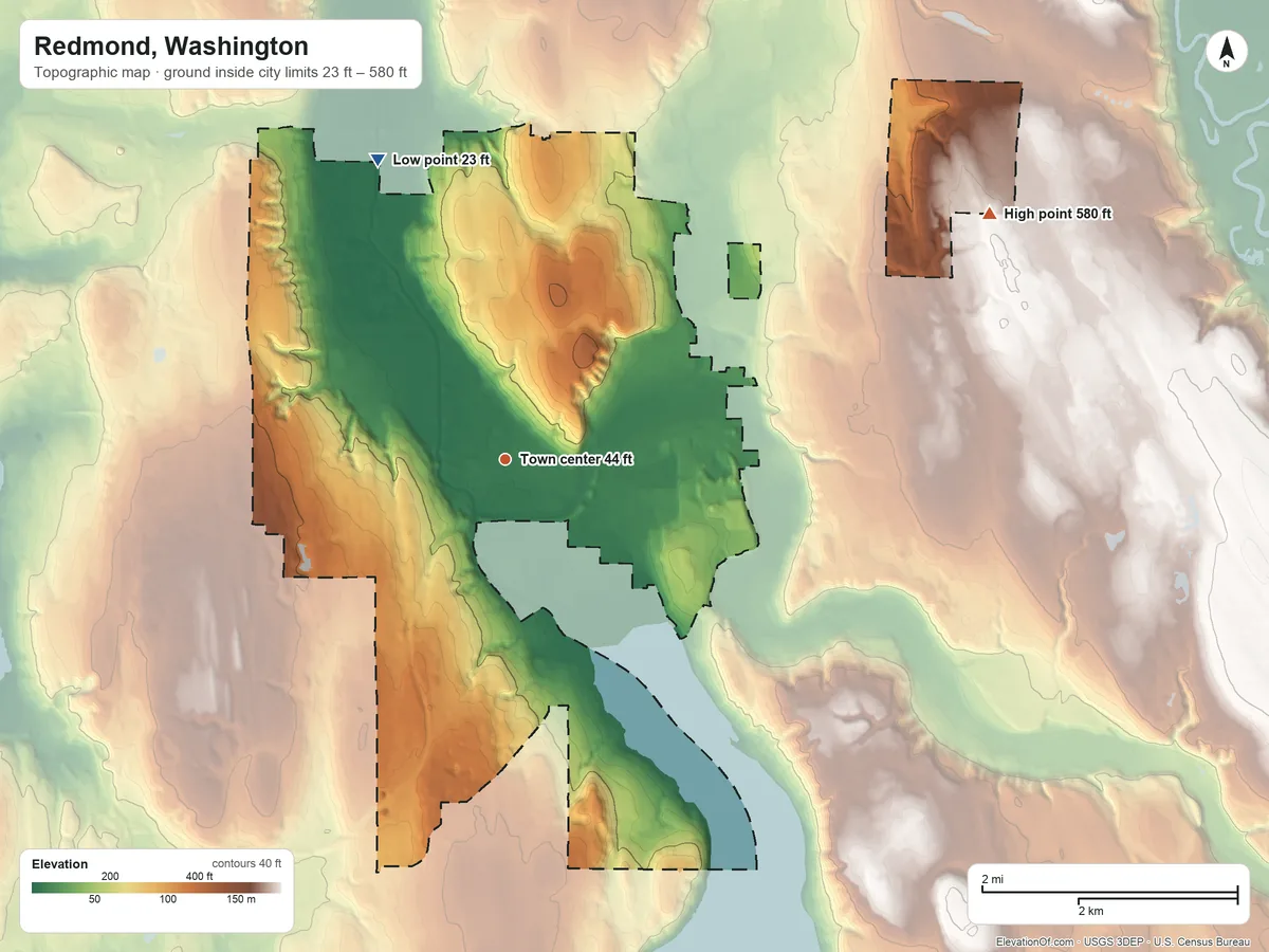 Topographic elevation map of Redmond, Washington, shaded from 23 ft on the northwest side to 580 ft on the northeast side
