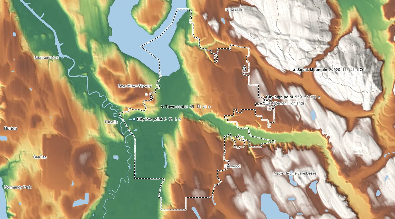 Topographic elevation map of Renton, Washington, shaded from 6 ft on the southwest side to 550 ft on the east edge, below higher ground just outside